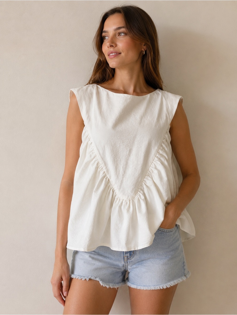 Mare Mare White Sleeveless Gathered Peplum Top size Large